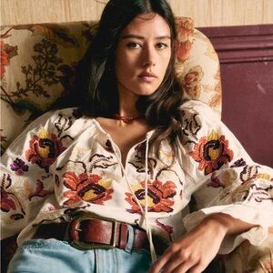 Sézane Bertille Blouse in multicoloured watercolour embroidery.